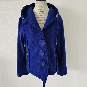 Linea Domani Wool Blue Coat With Hood Large Buttons Lagenlook Style size L